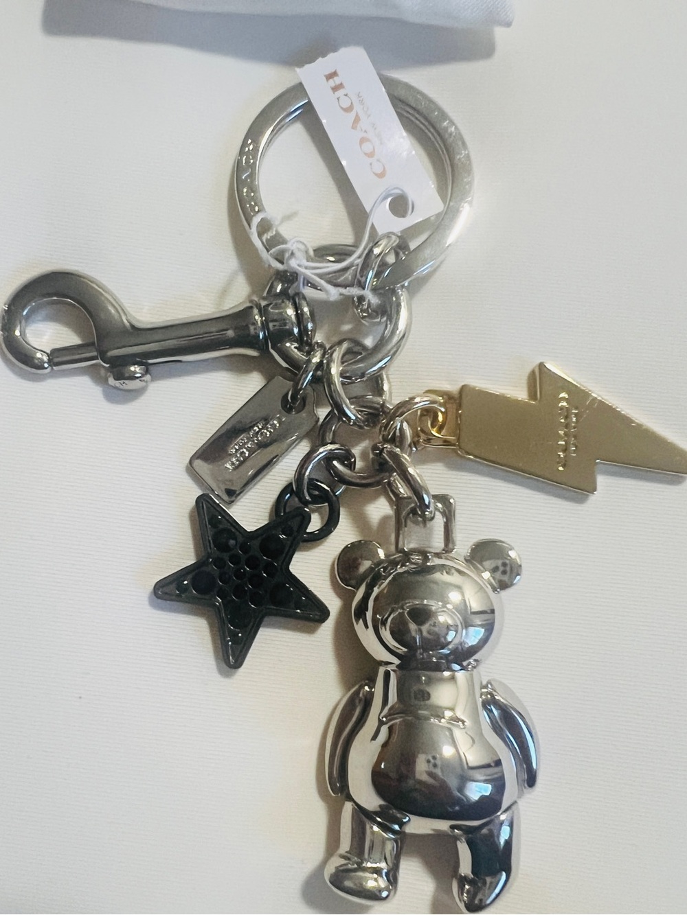 NWT RARE HTF COACH Silver Teddy Bear with Star & Lightning Keychain/Bagcharm - Picture 5 of 5